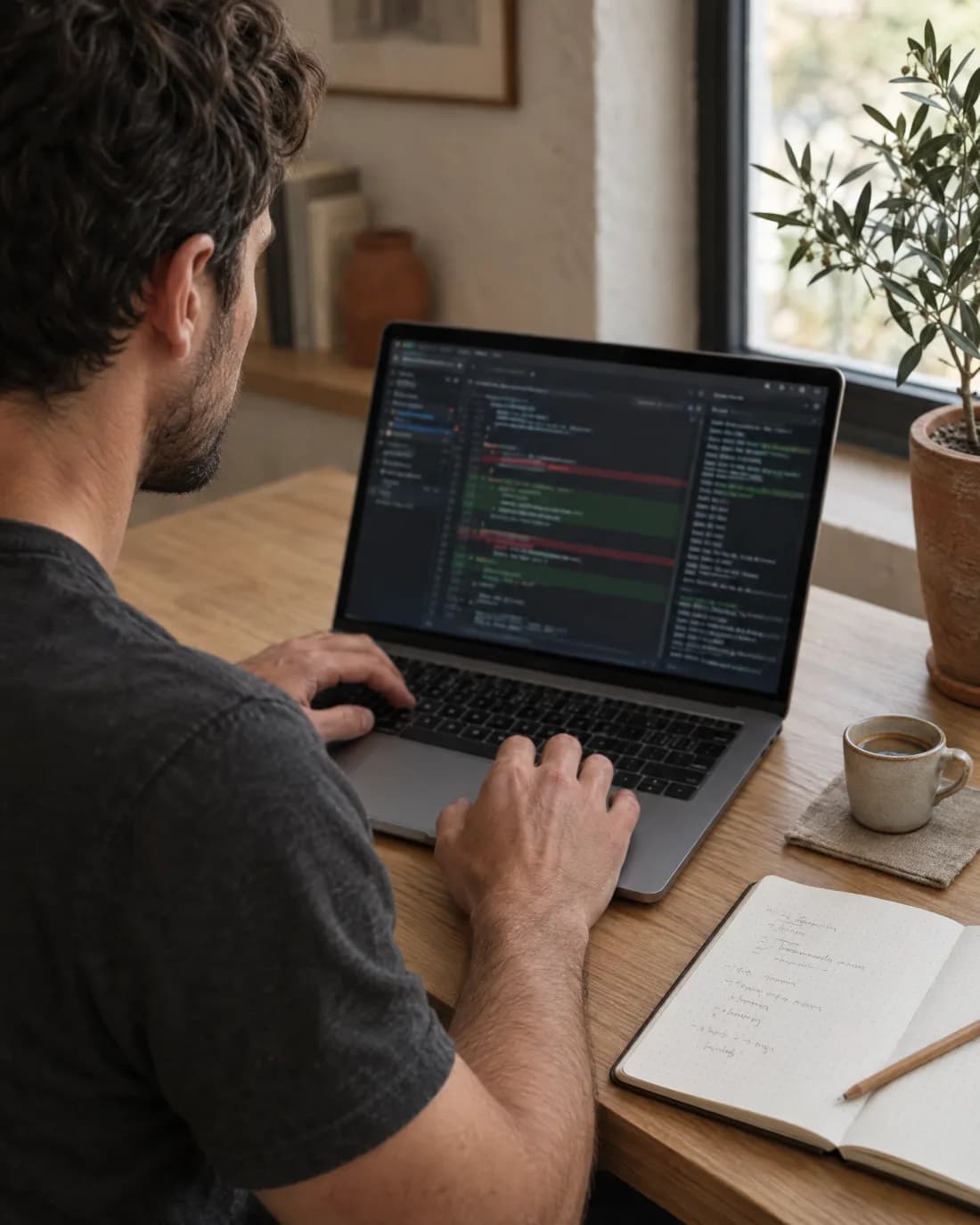 Um programador a rever uma alteração de código no portátil, com um caderno de correções de acessibilidade ao lado